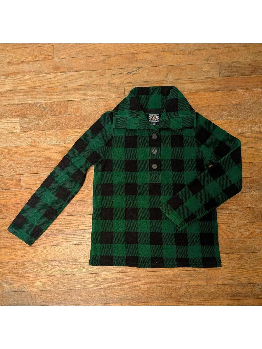 Y2K American Living Green Black Buffalo Check Fleece Popover Shirt Jacket Medium